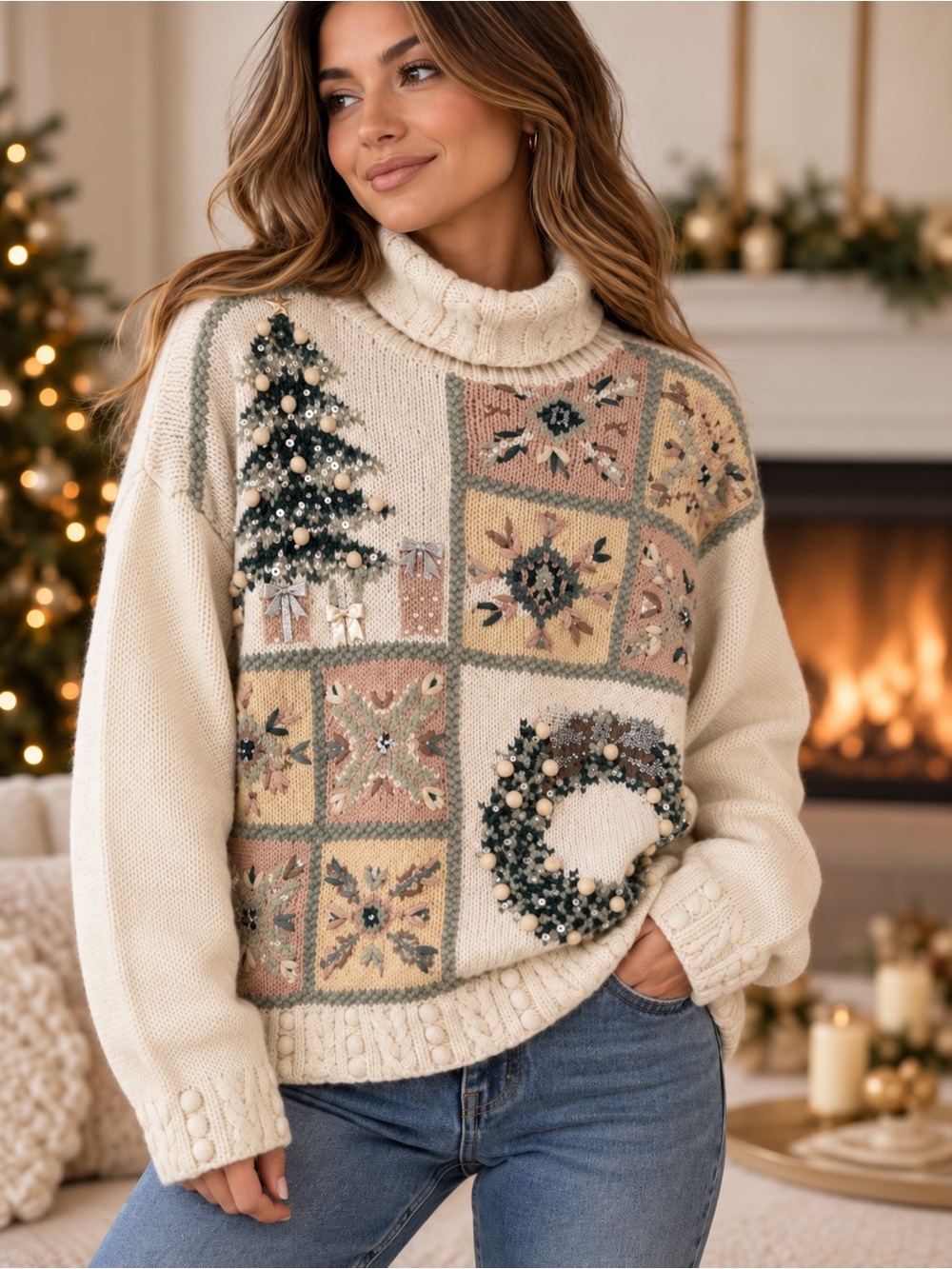 Vintage 1996 Marisa Christina Christmas Sweater S Embellished Turtleneck